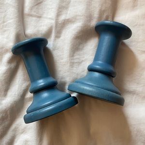 Vintage Blue Painted Wooden Candlestick Holders Excellent Condition